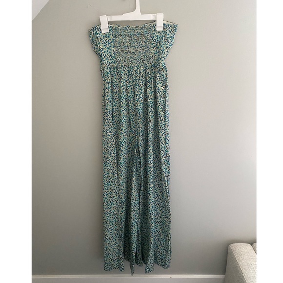 Free People Mustang Strapless Ruched Back Wide Leg Jumpsuit In Tea Combo - Picture 3 of 8